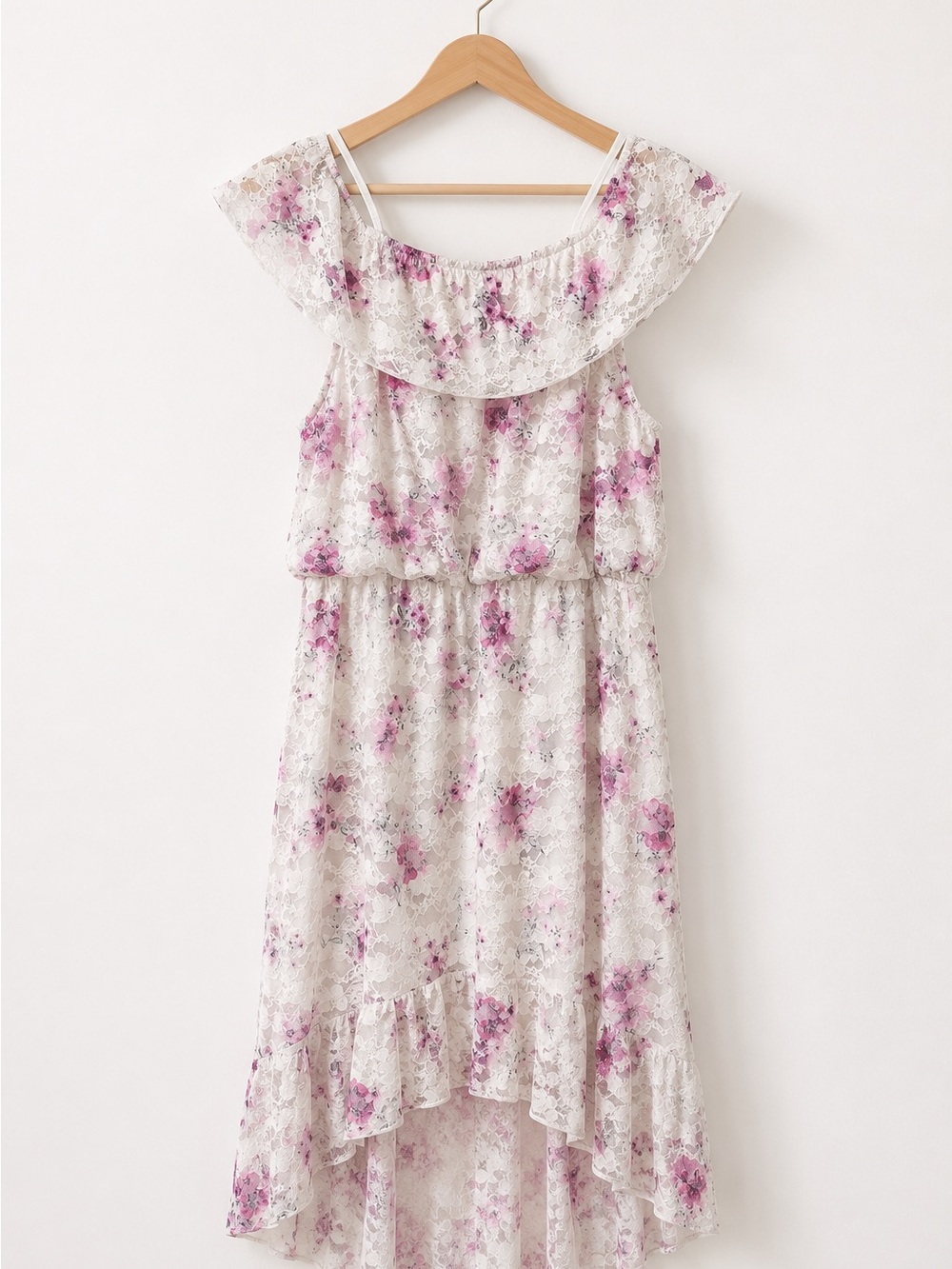 Girls White Lace High-Low Dress with Pink Floral Print